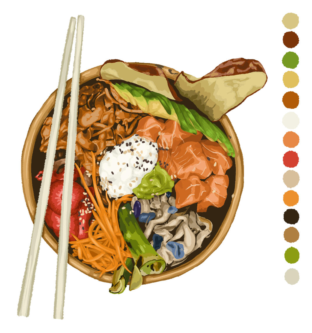 Illustration of a poke bowl with salmon, avocado, mushrooms, carrot, and a couple things that I don't know what they are. Chopsticks are resting on the left side over the top of the bowl itself. It is drawn semi-realistic line-less style.