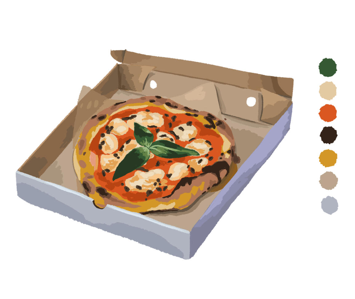Illustration of a margarita pizza on parchment in a plain box. It is drawn semi-realistic line-less style.
