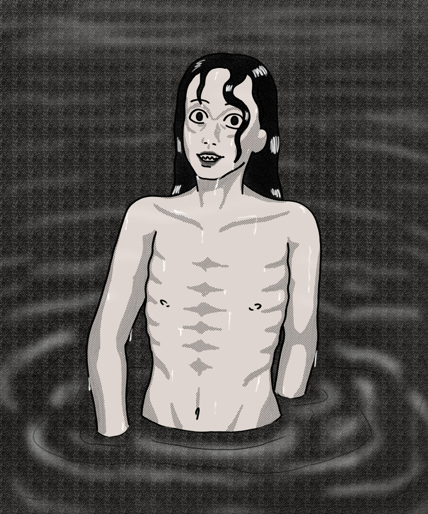 Illustration of a bone thin humanoid coming out of dark water. Its long hair is showing the shape of their skull and sticking to their face. The facial expression is a menacing smile with wide eyes and pointed teeth. It is drawn semi-realistic lined style.