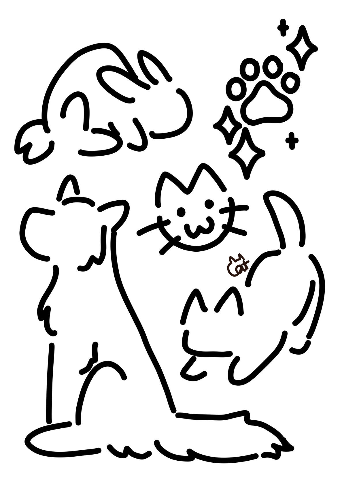 Doodles of a husky dog, bunny, cat, paw print, and a colon three cat face. The lines are simple and disjointed with the subjects on the bottom left, top left, lower middle right, top right, and center.