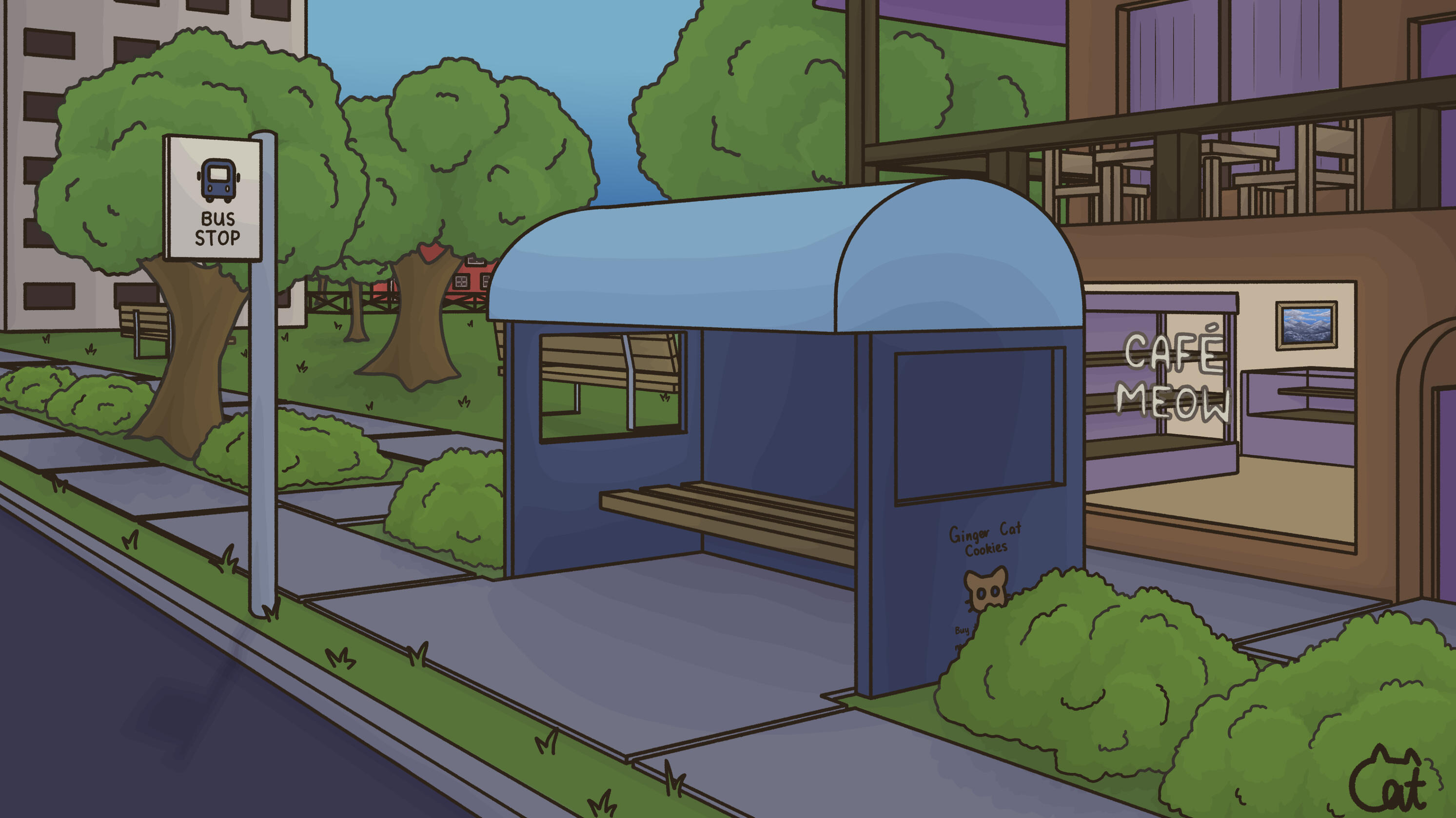 Illustration of a bus stop with a cafe, park, and apartment building both behind and near it. The cafe is called Cafe Meow and the bus shelter has a small advert for ginger cat cookies on it. The drawing itself is a more chibi style.