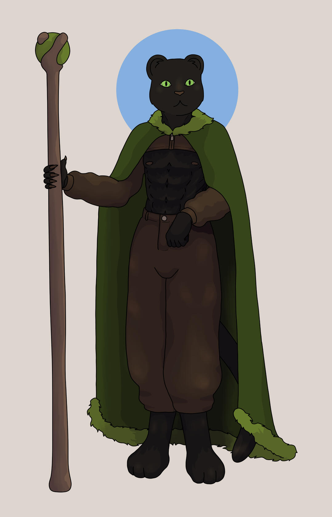 Illustration of a male panther tabaxi. He is holding a quarterstaff with a green orb in the top, and is wearing baggy pants, a sleeves top, and a long green cape with fur trim around the neck and bottom. It is drawn in a semi-realistic lined style.