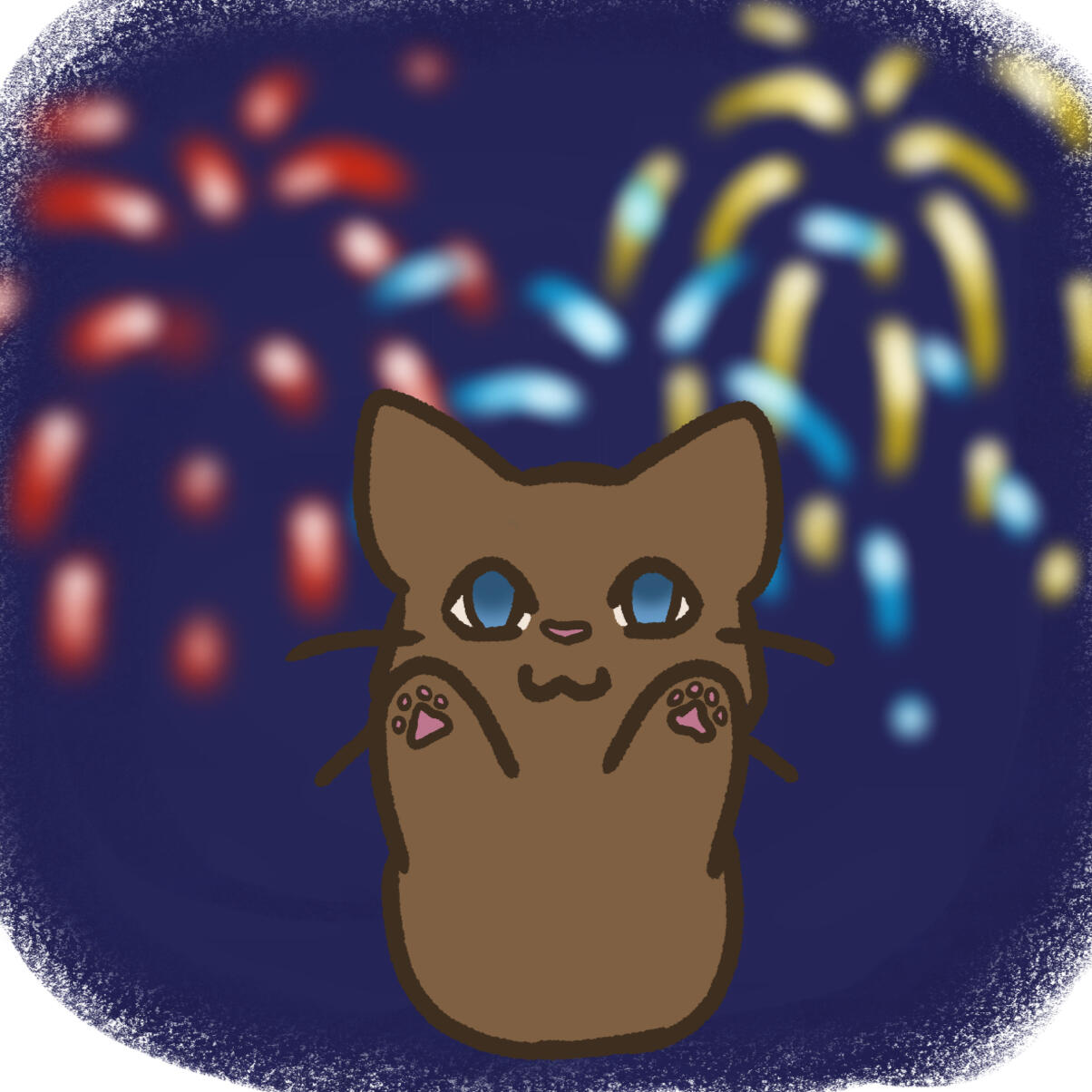 Illustration of a potato cat with its paws up in front of a fireworks show. It is drawn in a chibi lined style.