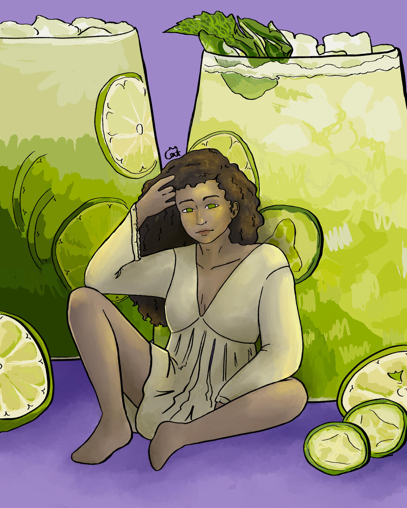 Illustration of a trans-woman sitting in front of two giant glasses of cucumber agua fresca. The woman is not to the scale of the glasses behind her. Her right hand pulls her hair from her face. It is drawn semi-realistic lined style.