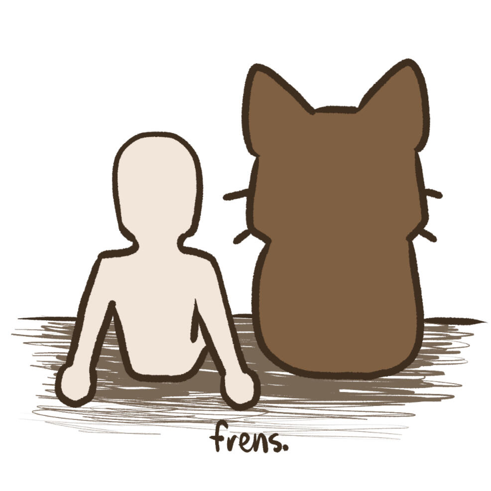Illustration of two characters. A blank character is on the left sitting, leaning back, and facing away from the viewer. On the right is a potato cat, also facing away. Below them is a simple caption of "frens." It is drawn in a chibi lined style.