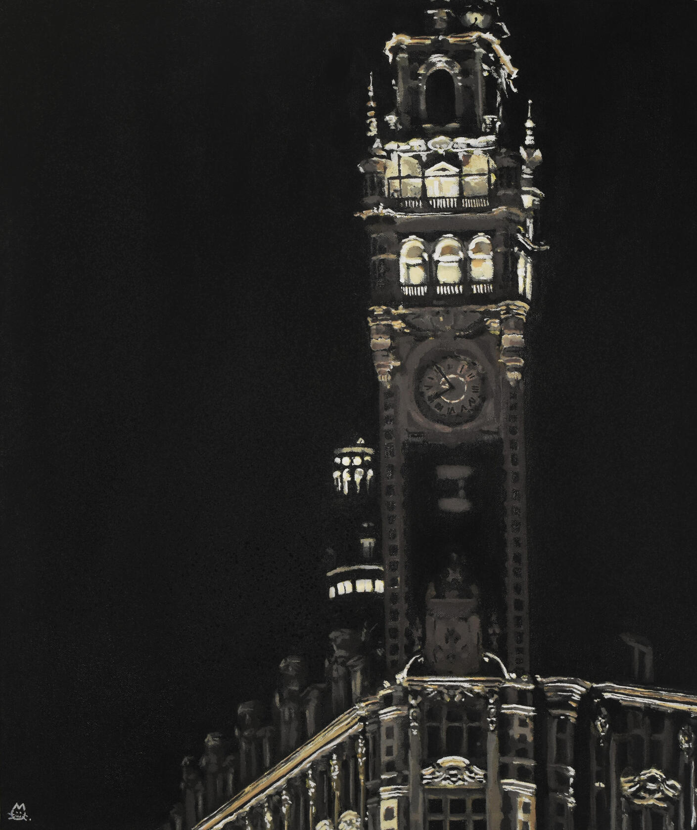 Acrylic painting of a clock tower. The only colour used is yellow, along with black and white. It is skewed towards the right of the canvas and stretches above as well as showing a portion of the building that it is attached to. It is in a line-less style.