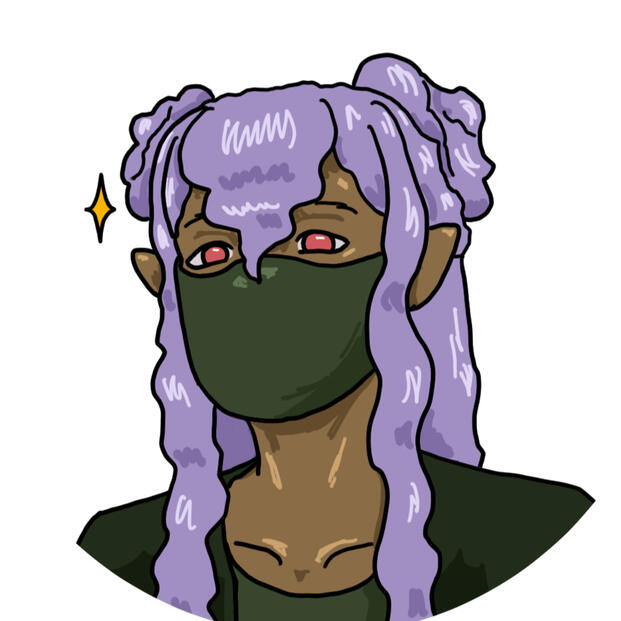Danna Willows - Sticker Illustration of a half-elf woman's headshot. She has a medium dark skin tone, bright red eyes, and purple hair. A dark green mask is covering the bottom half of her face.